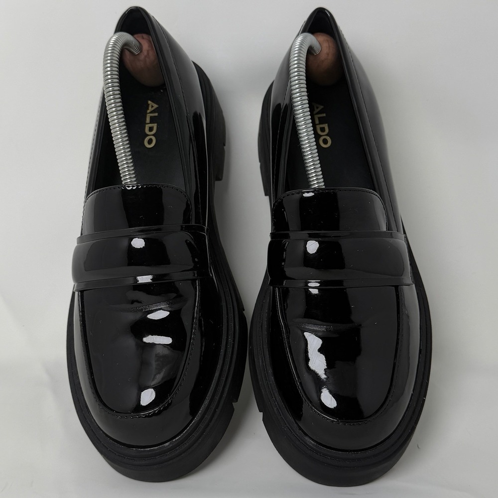 Aldo Women's 8 Classic Black Patent Leather Lug Sole Platform Loafers